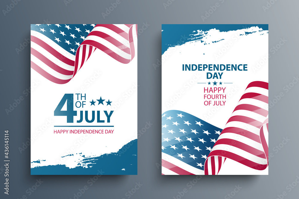 4th of July, United States Happy Independence Day celebrate posters set with waving american national flag and brush strokes. Fourth of July holiday. Vector illustration.
