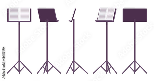 Sheet music stand, black tripod pedestal for performers, singers pedestal. Orchestras, choirs, bands. Vector flat style cartoon illustration isolated, white background, different views and positions