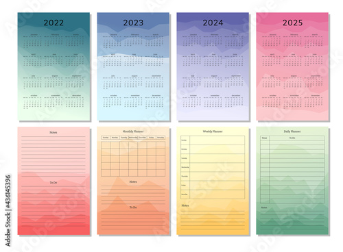 2022 2023 2024 2025 vertical calendar daily weekly monthly personal planner schedule diary template. Peak silhouette abstract gradient colorful background, design for print and digital