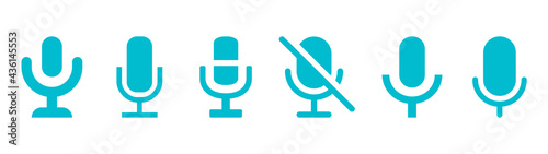набор звуковых микрофонов, набор синих музыкальных иконок, microphone blue, a group of different microphones for recording music and voice, vector icons for apps and studios