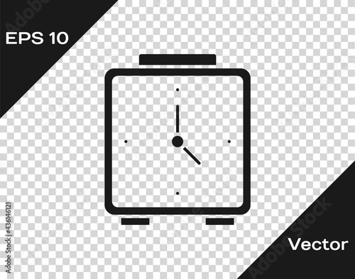 Black Alarm clock icon isolated on transparent background. Wake up, get up concept. Time sign. Vector