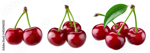 Cherri isolated. Sour cherry. Cherries with leaves on white background. Sour cherry set.