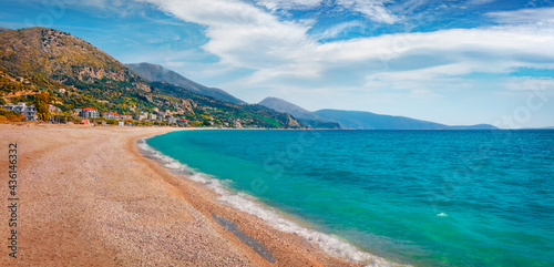 Attractive spring view of Borshit beach. Colorful Qazim Pali cityscape. Captivating morning seascape of Adriatic sea. Beautiful outdoor scene of Albania, Europe. Traveling concept background.