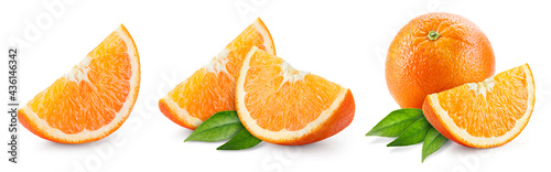 Orange slice isolate. Orange fruit slices and a whole with leaves on white background. Orang with full depth of field.