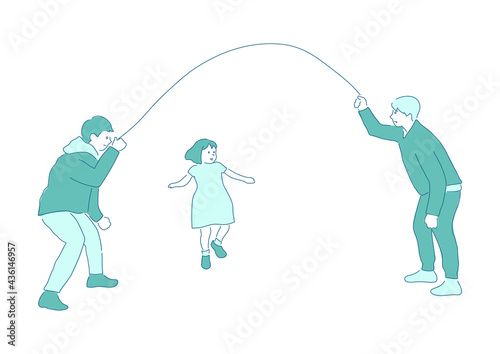 Illustration of a girl enjoying jump rope (white background, vector, cut out)