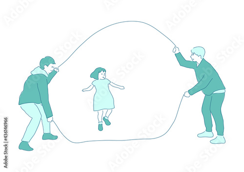Illustration of a girl enjoying jump rope (double Dutch) (white background, vector, cut out)