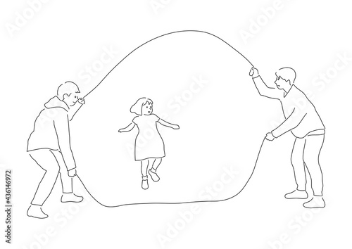 Illustration of a girl enjoying jump rope (double Dutch) (white background, vector, cut out) photo