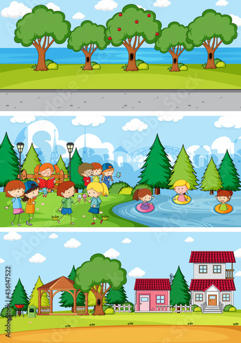 Set of different horizontal scenes background with doodle kids cartoon character