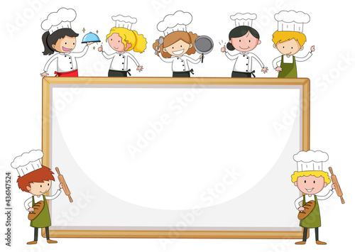 Empty banner with many little chefs on white background