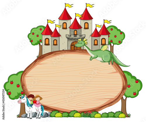 Blank wooden banner with fairy tale cartoon character and elements isolated