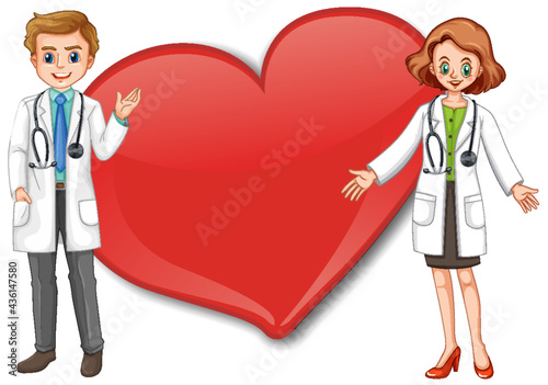 Empty big heart banner with two doctors cartoon character