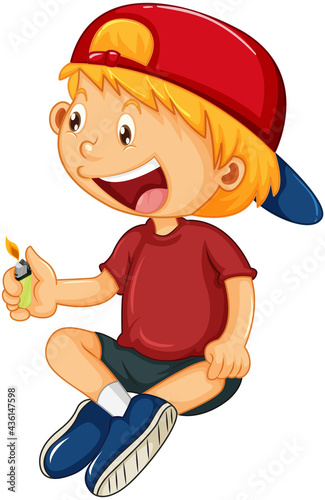 A boy sitting and holding a light on white background
