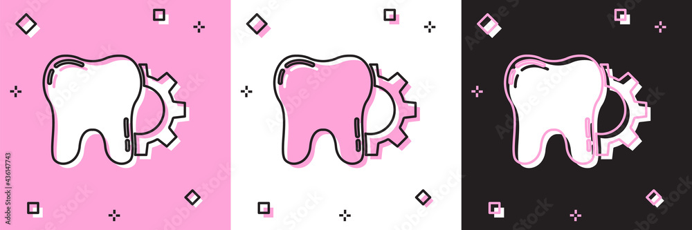 Set Tooth treatment procedure icon isolated on pink and white, black background. Tooth repair with gear. Vector Set Tooth treatment procedure icon isolated on pink and white, black background. Tooth repair with gear. Vector