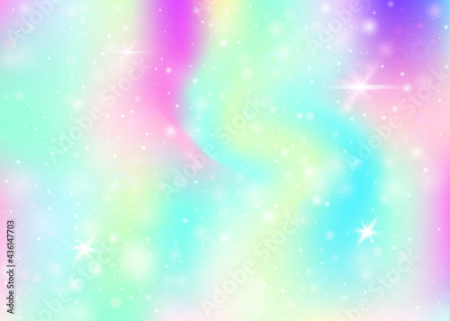 Holographic background with rainbow mesh. Colorful universe banner in princess colors. Fantasy gradient backdrop with hologram. Holographic unicorn background with fairy sparkles  stars and blurs.