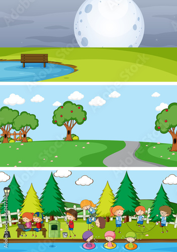 Set of different horizon scenes background with doodle kids cartoon character