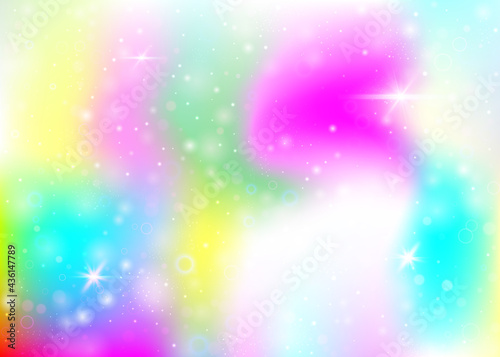 Fairy background with rainbow mesh. Liquid universe banner in princess colors. Fantasy gradient backdrop with hologram. Holographic fairy background with magic sparkles, stars and blurs.