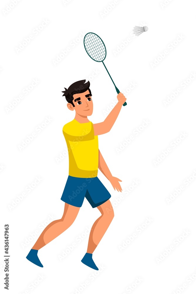 Young man playing badminton flat vector illustration. Boy with tennis racquet cartoon character. Cheerful guy outdoor. Active summer leisure.