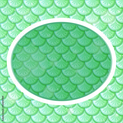 Oval frame template on pastel green fish scales background