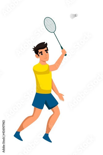 Young man playing badminton flat vector illustration. Boy with tennis racquet cartoon character. Cheerful guy outdoor. Active summer leisure. © backup_studio
