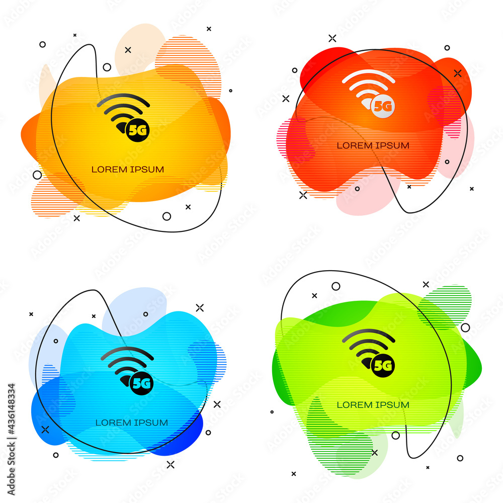 Black 5G new wireless internet wifi connection icon isolated on white background. Global network high speed connection data rate technology. Abstract banner with liquid shapes. Vector