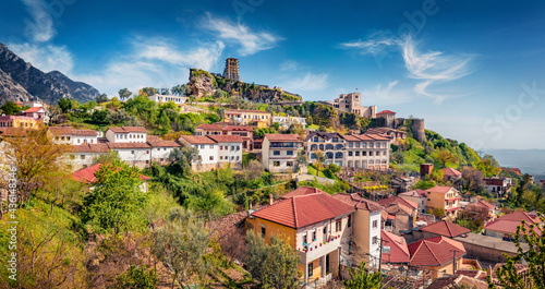 Picturesque spring view of Castle of Kruja. Colorful morning landscape of Albanian countryside. Sunny outdoor scene of Albania, Europe. Traveling concept background.. photo