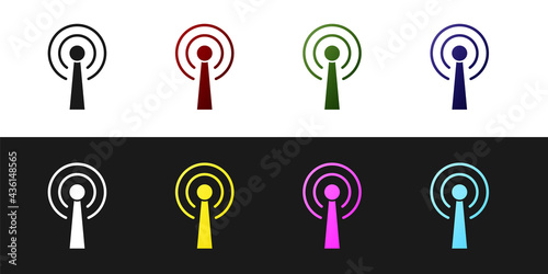 Set Antenna icon isolated on black and white background. Radio antenna wireless. Technology and network signal radio antenna. Vector