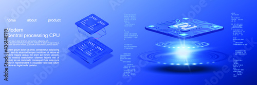 New generation processor for processing large amounts of information. Development of electronic chips and microdevices. Presentation of super-powerful processor. Concept banner