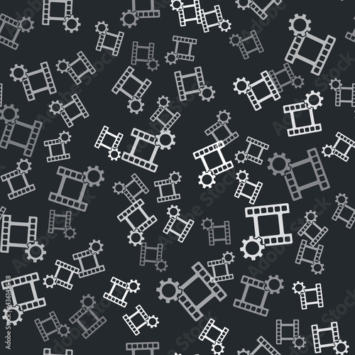 Grey Play Video icon isolated seamless pattern on black background. Film strip sign. Vector