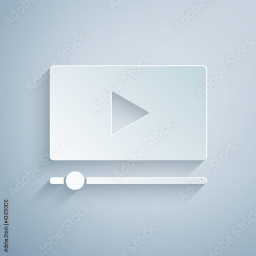 Paper cut Online play video icon isolated on grey background. Film strip with play sign. Paper art style. Vector
