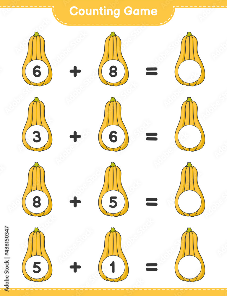 Counting game, count the number of Butternut Squash and write the result. Educational children game, printable worksheet, vector illustration