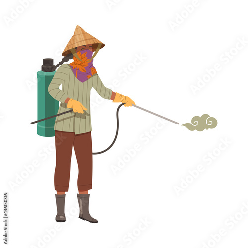 Asian Female Farmer in Straw Conical Hat Spraying Crops Vector Illustration