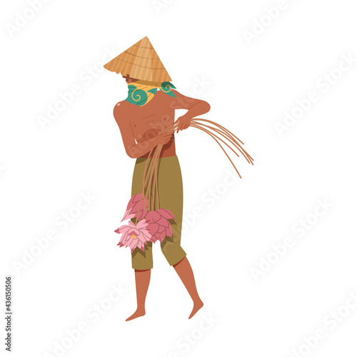 Asian Farmer in Straw Conical Hat Picking Lotus Flowers Vector Illustration