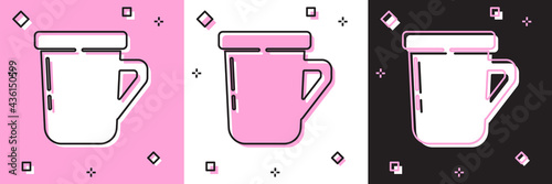 Set Coffee cup icon isolated on pink and white, black background. Tea cup. Hot drink coffee. Vector