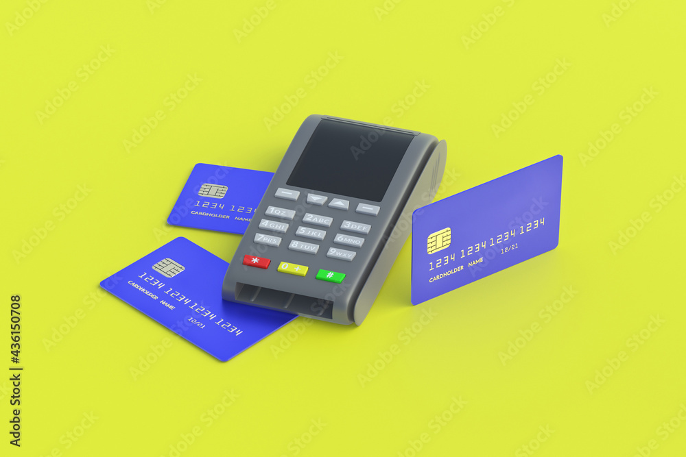 Portable cash register with plastic credit card on yellow background. 3d render Portable cash register with plastic credit card on yellow background. 3d render