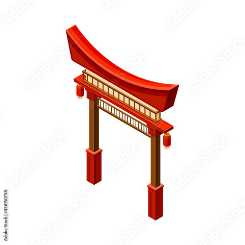 Red Gate as Symbolic Entrance at Shinto Shrine and Asian Architecture Isometric Vector Illustration