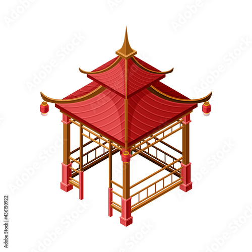Red Wooden Gazebo in Oriental Style as Asian Architecture Isometric Vector Illustration