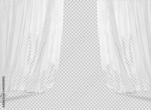 White lightweight fabric curtain fluttering realistic vector illustration mock up. Shower or window fabric on a curtain rod template.