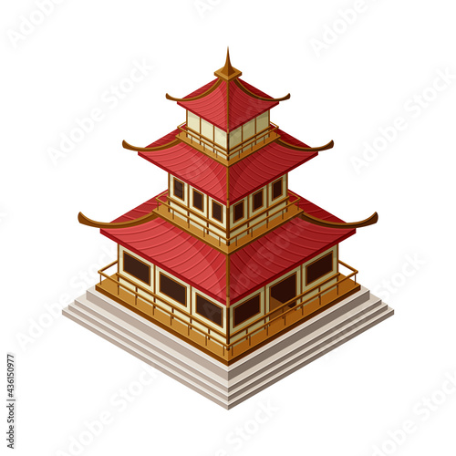 Pagoda as Tiered Tower with Multiple Eaves as Asian Architecture Isometric Vector Illustration