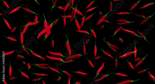 Close up red chili pepper flying or falling in the air with shadow, 3d rendering, food ingredient or herb design concept, isolated on black background.