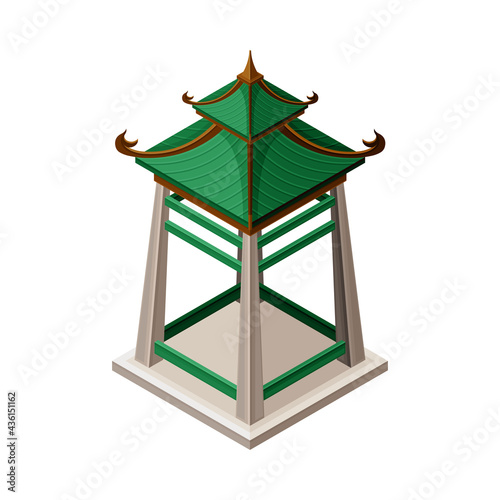 Wooden Turret-shaped Gazebo in Oriental Style as Asian Architecture Isometric Vector Illustration