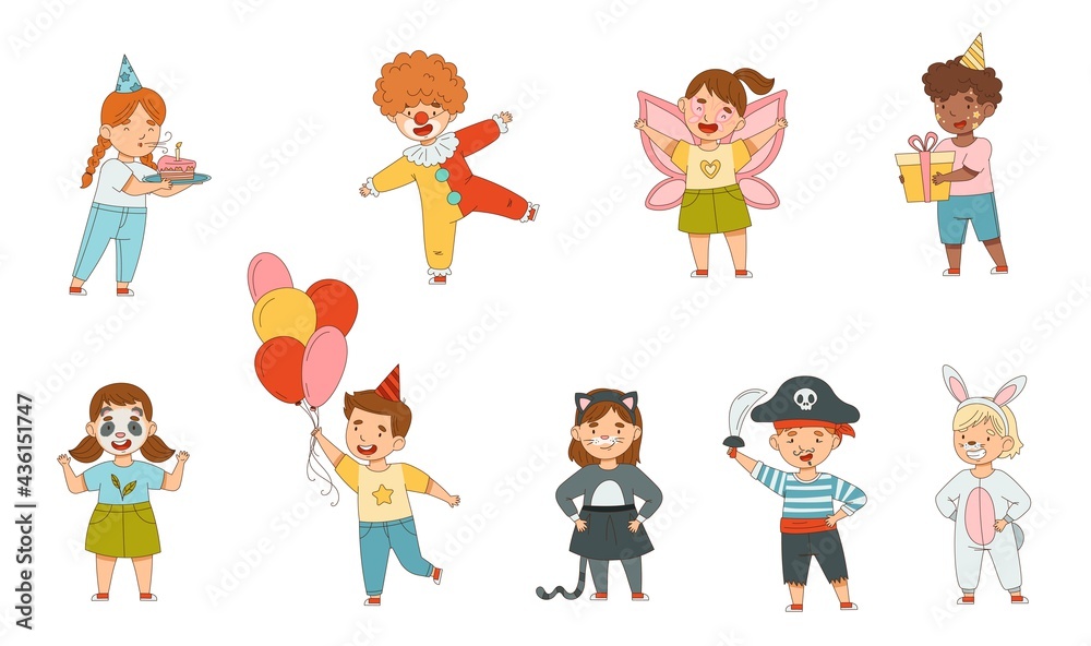 Cheerful Children in Masquerade Costumes and with Face Painting Engaged in Festive Celebration Vector Set Cheerful Children in Masquerade Costumes and with Face Painting Engaged in Festive Celebration Vector Set