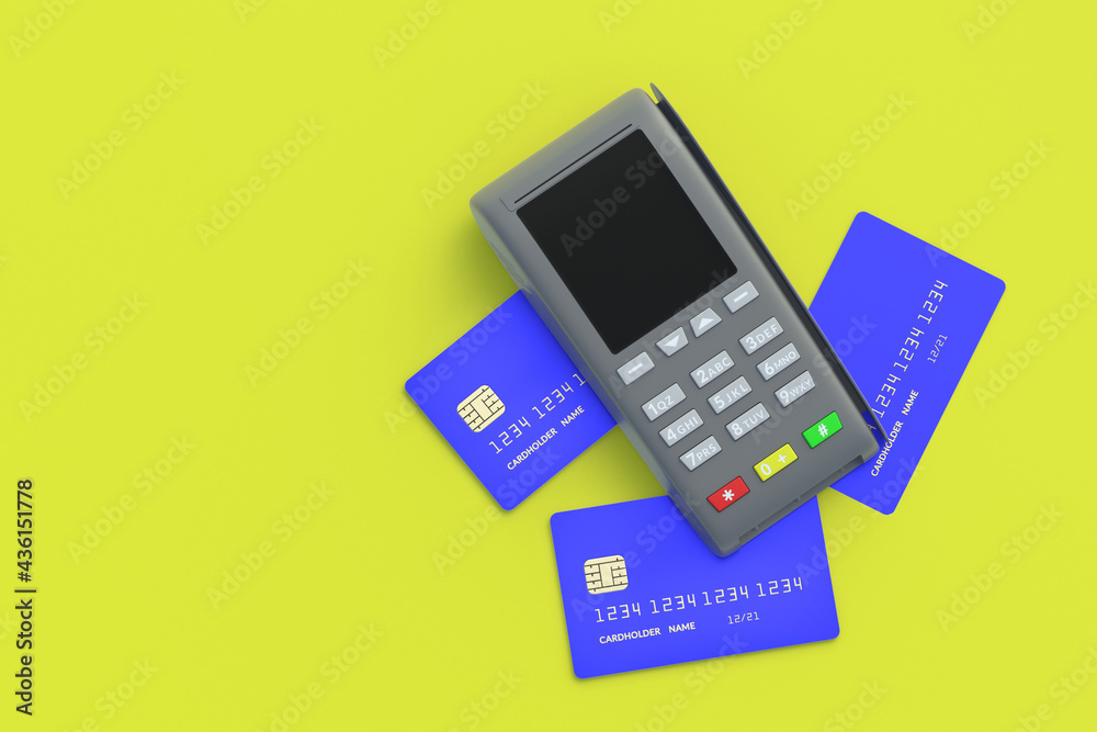 Portable cash register with plastic credit card on yellow background. Copy space. Top view. 3d render Portable cash register with plastic credit card on yellow background. Copy space. Top view. 3d render