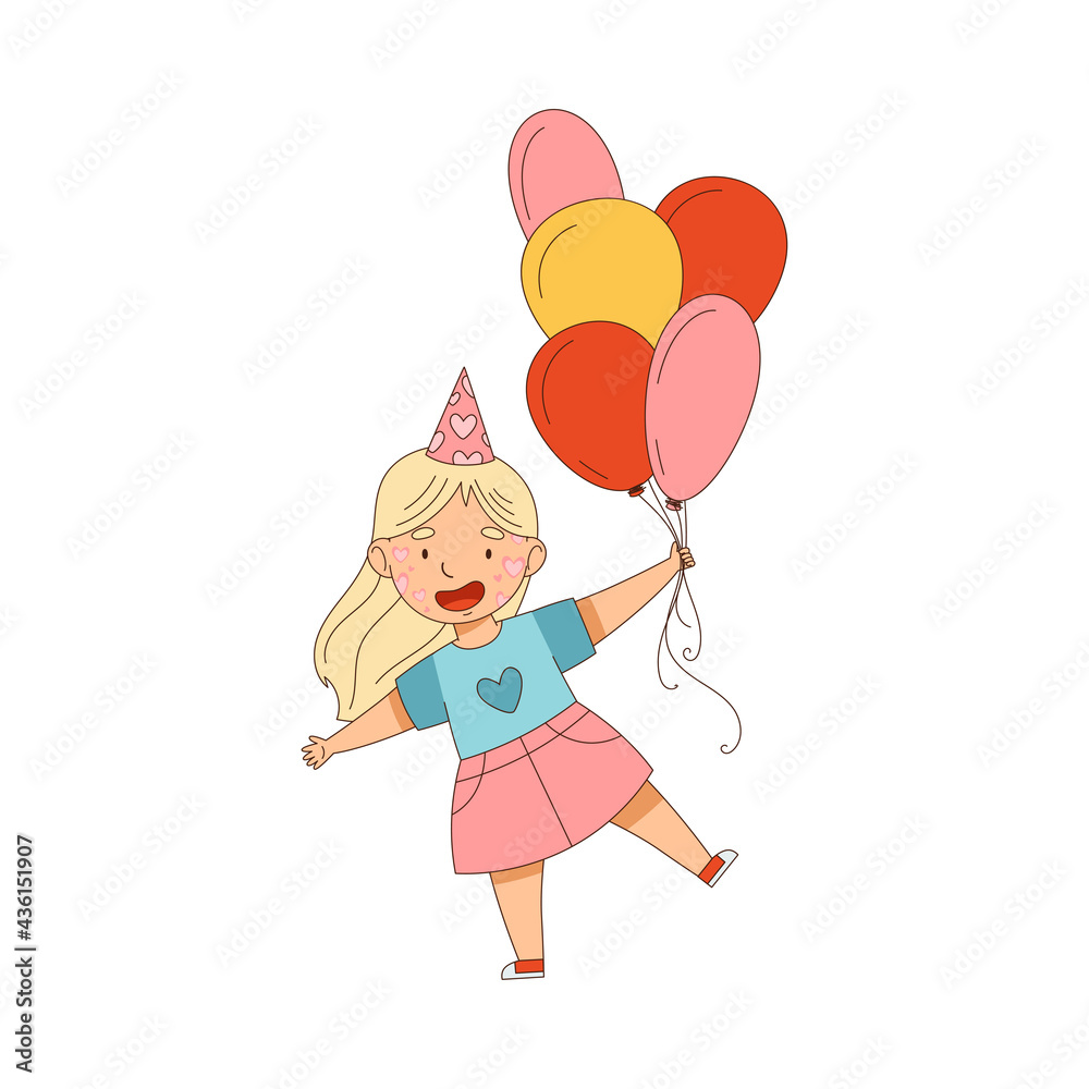 Little Girl Character in Birthday Hat and with Face Painting Carrying Bunch of Balloons Vector Illustration Little Girl Character in Birthday Hat and with Face Painting Carrying Bunch of Balloons Vector Illustration