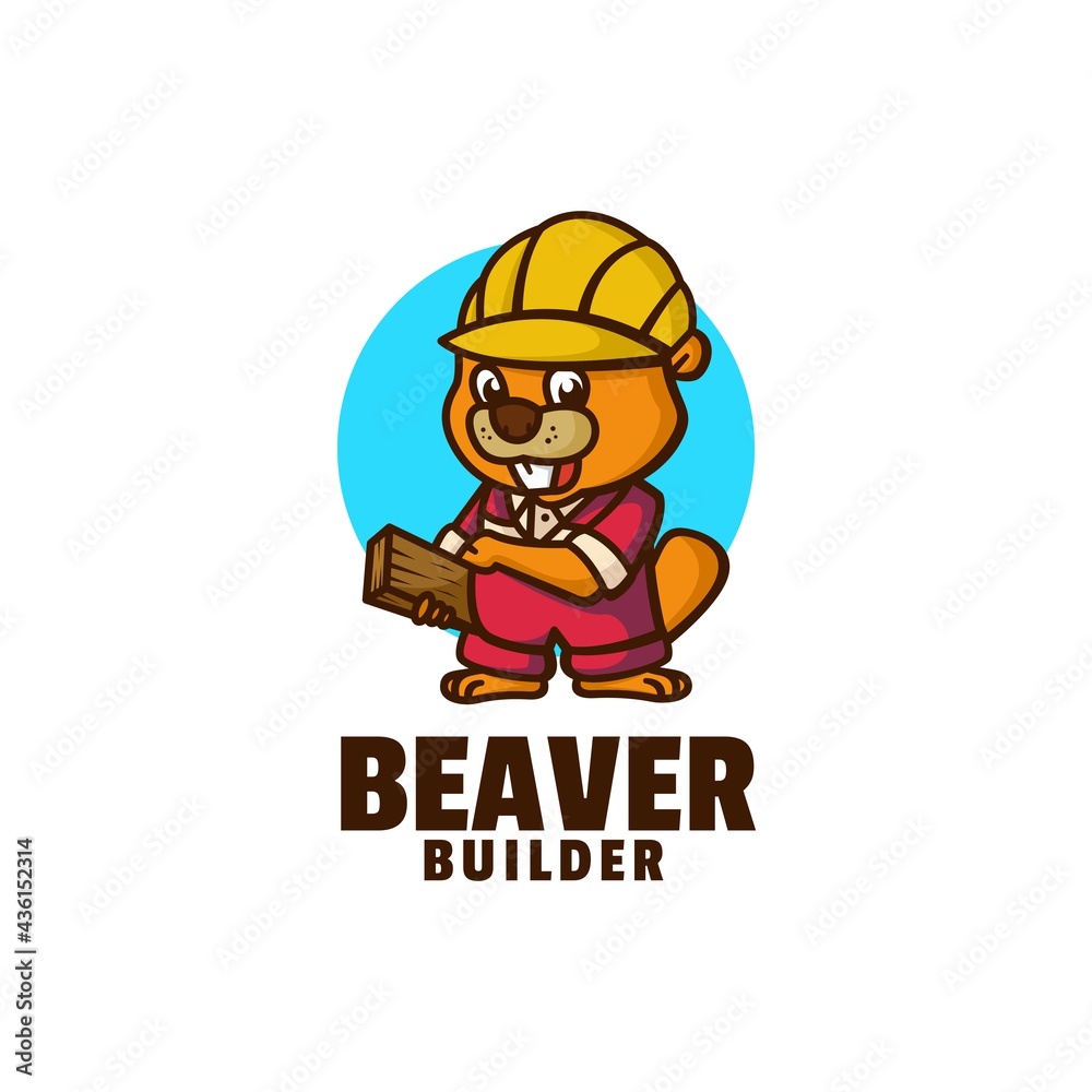 Vector Logo Illustration Beaver Builder Mascot Cartoon Style.