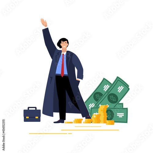 Successful businessman is welcomed, entrepreneur or investor, presenting a pile of money growth. Businessman in suit standing for cash. Financial success, economics, trade concept. Vector illustration