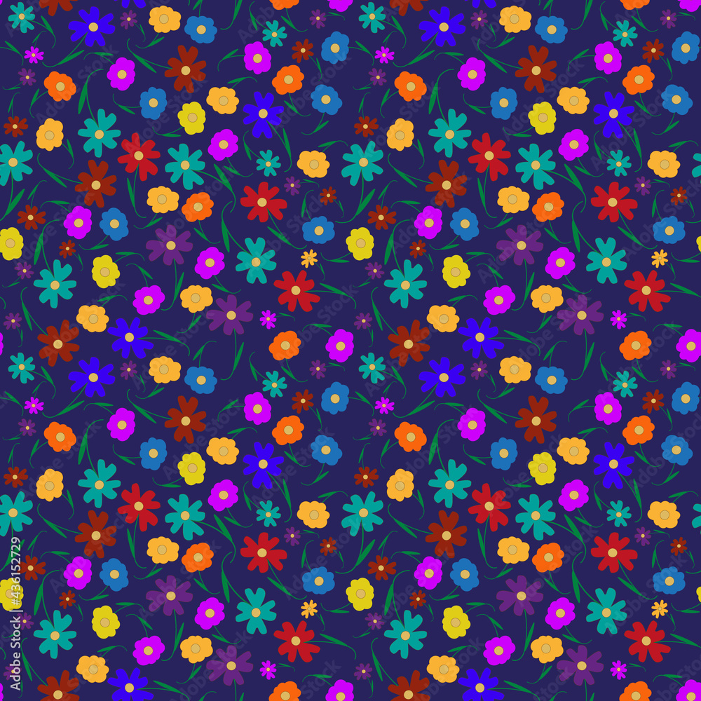 Seamless floral pattern with colorful flowers on a purple background. Spring bloom elements. Flowers in the summer garden. For textiles, wallpapers, backgrounds and postcards.