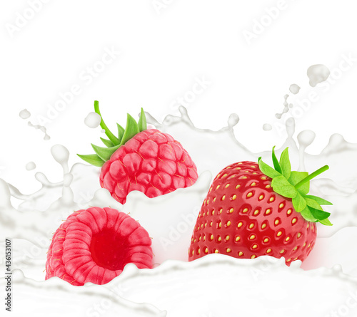 Fototapeta Naklejka Na Ścianę i Meble -  Strawberry and raspberry in milk splashes isolated on white background.