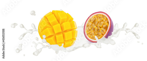 Fototapeta Naklejka Na Ścianę i Meble -  Cutted passion fruit with mango in milk splashes isolated on white background.