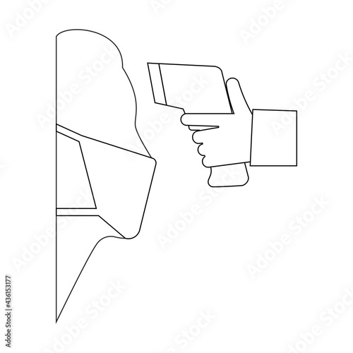 Body temperature check. Gun scanner digital thermometer or contactless infrared thermometer. Coronavirus and covid vector illustration. 
