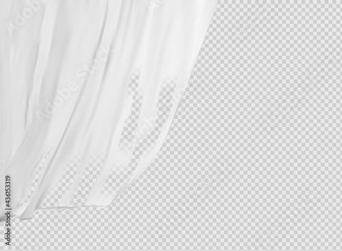 White lightweight fabric curtain fluttering realistic vector illustration mock up. Shower or window fabric on a curtain rod template.